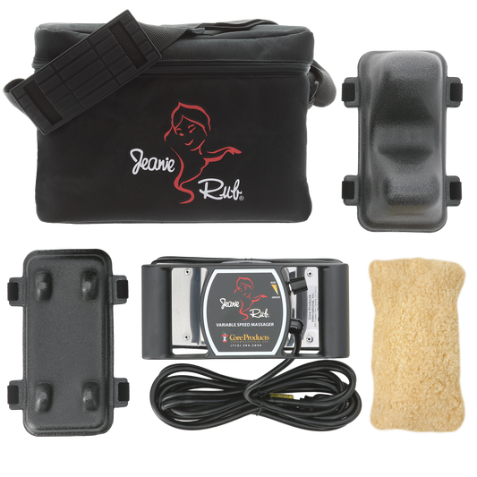 Jeanie Rub Professional Package Includes: Jeanie Rub Massager, Para-Spinal Accessory & Extremity Accessory, Fleece Pad Cover and Nylon Shoulder Bag