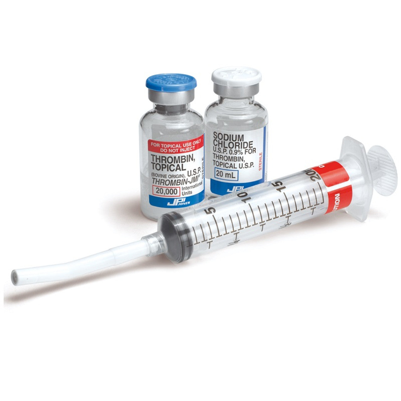 Thrombin-JMI (Thrombin, Topical, Bovine Origin, USP), Includes: 20,000 IU Vial with 20 ml Diluent (Sodium Chloride 0.9% USP), Spray Tip and Syringe (Rx) (Item is Non-Returnable) (We must have your Wholesale Drug License on File before shipping this product) (US Only, Excluding IN and ND)