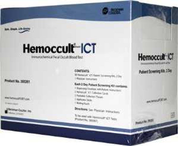 Patient Screening Kit Contains: Dispensing Envelope, Patient Instructions, Hemoccult ICT Collection Cards, Flushable Collection Tissues, Applicator Sticks, Mailing Pouch, 50 test/bx