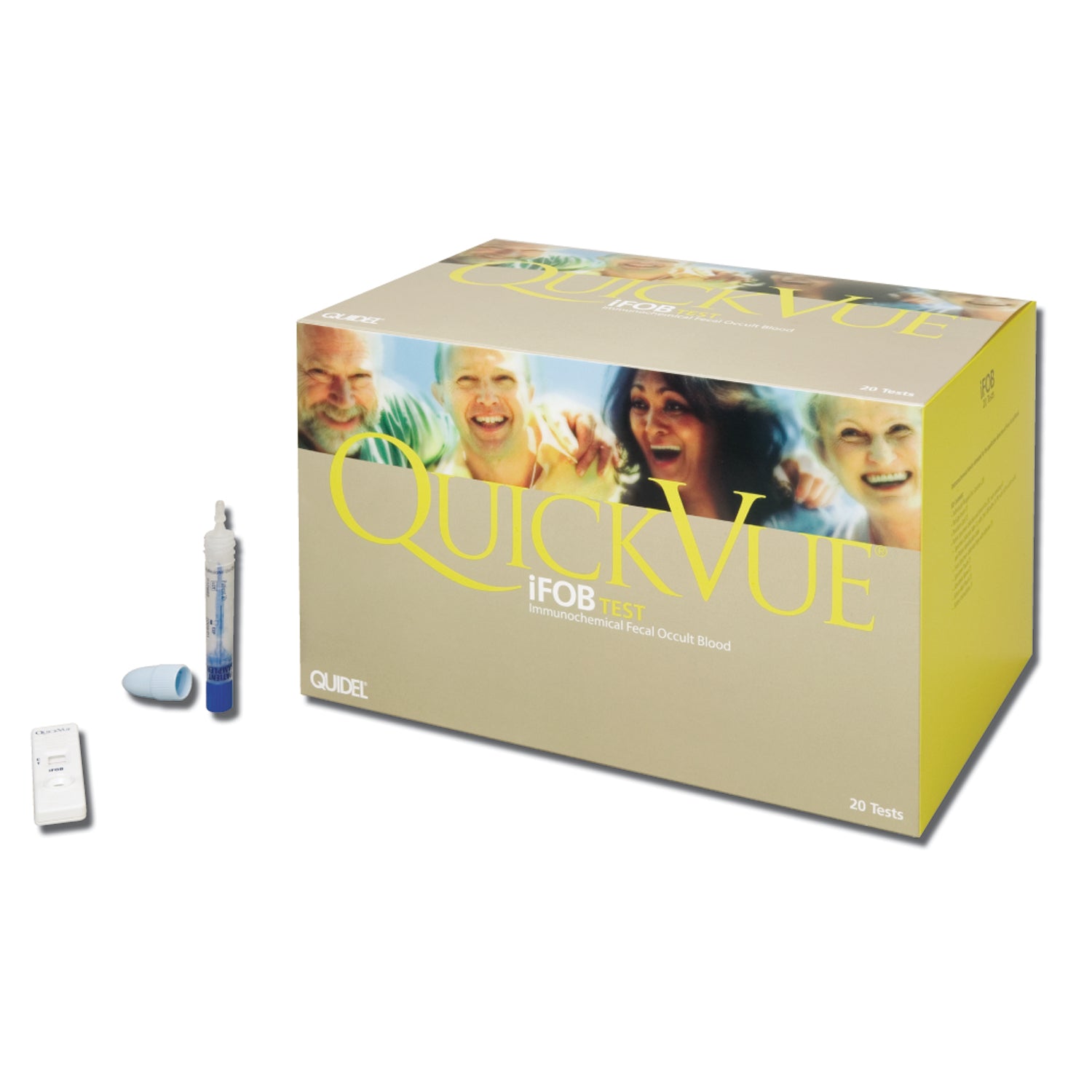 QuickVue iFOB 20 Test Kit, Includes:1 Pkg Insert, 1 Procedure Card, 20 Individually Wrapped Test Cassettes, 20 Specimen Collection & Return Kits Each Containing 1 Collection Tube with 2mL FOB Buffer, 1 Collection Paper with Adhesive, 1 Pouch, 1 Absorbent (Continental US Only - including Alaska & Hawaii)