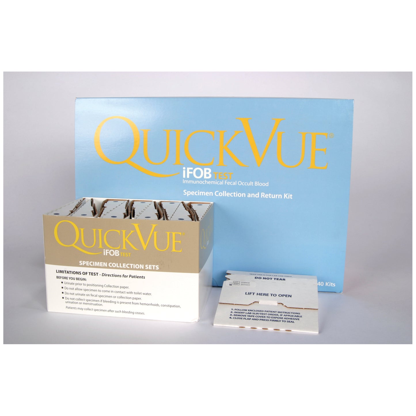 QuickVue iFOB 40 Specimen Collection Kit, Includes: 40 Collection Kits Each Containing 1 Collection Tube with 2mL FOB Buffer, 1 Collection Paper with Adhesive, 1 Pouch, 1 Absorbent Sleeve, 1 Return Mail Box & 1 Patient Instructions (Continental US Only - including Alaska & Hawaii)