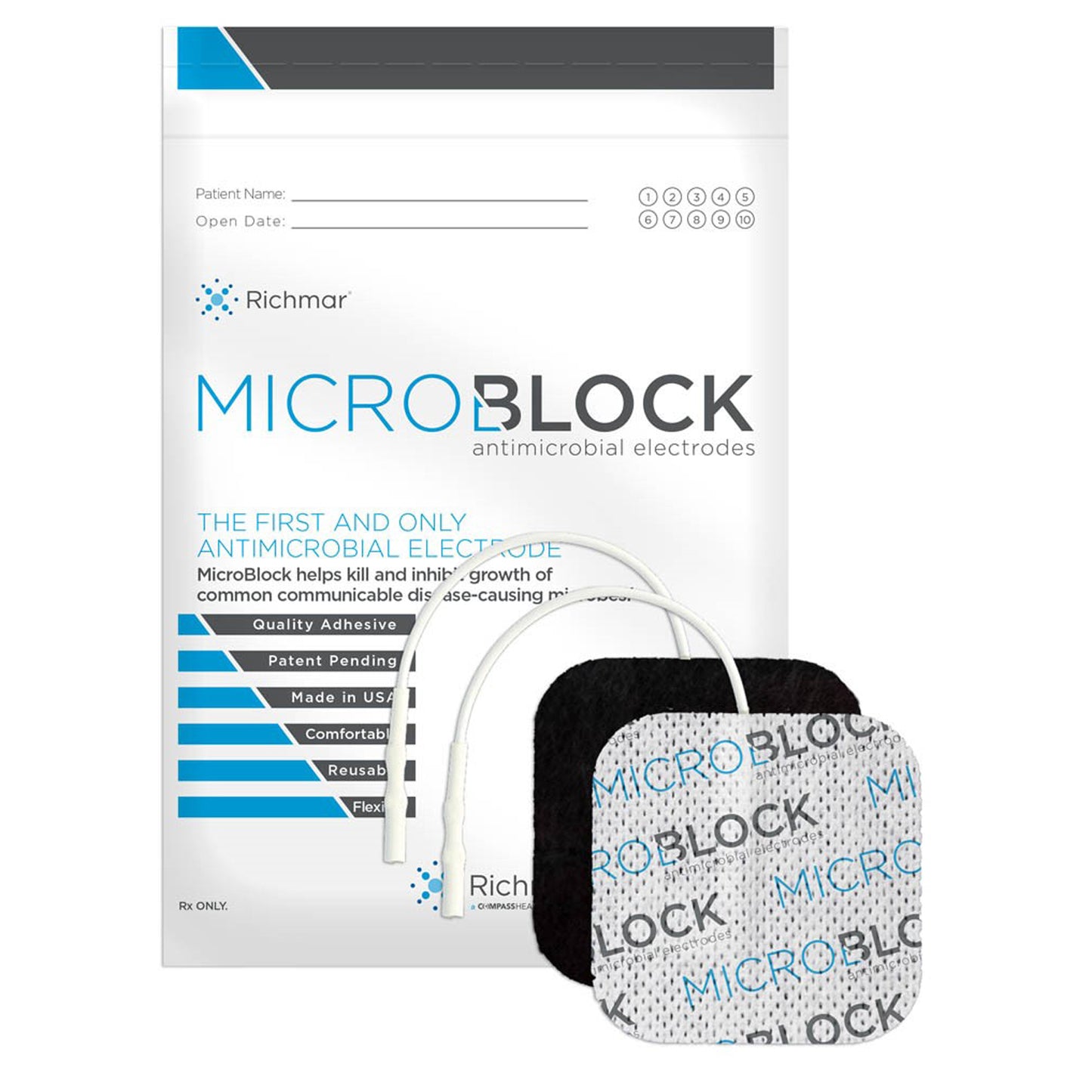 MicroBlock Antimicrobial Electrodes, 2 x 2" Square White Cloth. 4/pk, 10 pks/bg, 1 bg/cs. US Sales only.