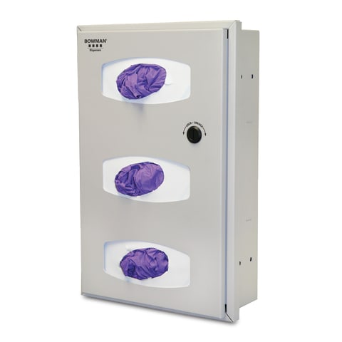 Semi-Recessed Glove Dispenser, Triple Holds Three Boxes of Gloves, Low Profile, Keyless Locking System, Screwholes in Sides to Mount to Stud Framing in Wall, Quartz Beige Powder-Coated Aluminum, 12.42" W x 19.01 H x 4.75" L