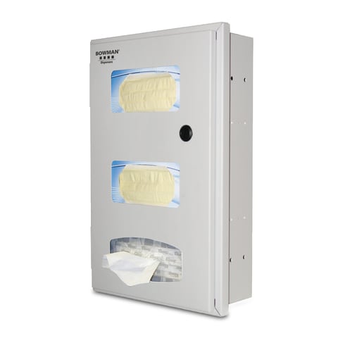 Semi-Recessed Face Mask & Tissue Dispenser, Holds Two Boxes of Face Masks and One Box of Facial Tissues or Gloves, Low Profile, Keyless Locking Mechanism, Screw Holes in Sides to Mount to Stud Framing in Wall, Quartz Beige Powder-Coated Steel, 12.34" W x 18.83 H X 4.77 L