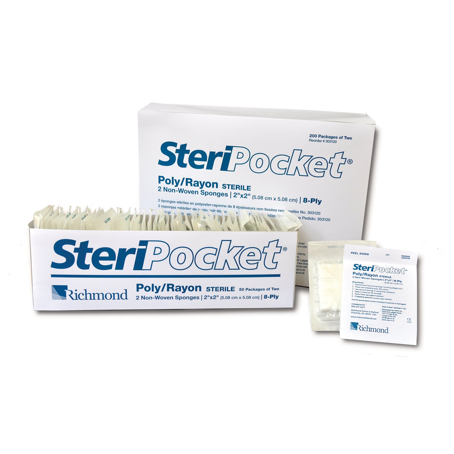 SteriPocket Sponge, Non-Woven, 8-Ply Rayon/ Poly, 4" x 4", Sterile, 2/pk, 100 pk/bx