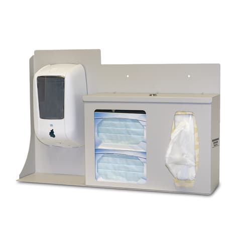 Respiratory Hygiene Station, Locking, Holds Two Boxes of Face Masks, (1-2) Boxes of Facial Tissues or (1) Box of Gloves, and Hand Sanitizer Dispenser (not included), Hinged Locking Lid Keyholes for Wall Mounting or Can Mount to a Floor Stand, Bowman Signature Series Maple Fauxwood ABS Plastic, 22.25"Wx14.75"Hx5"L (Made in the USA)