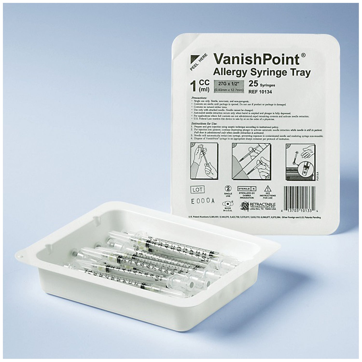 Allergy Tray, Safety Syringe, 1ml, 27G x 1/2", 25/tray, 40 tray/cs
