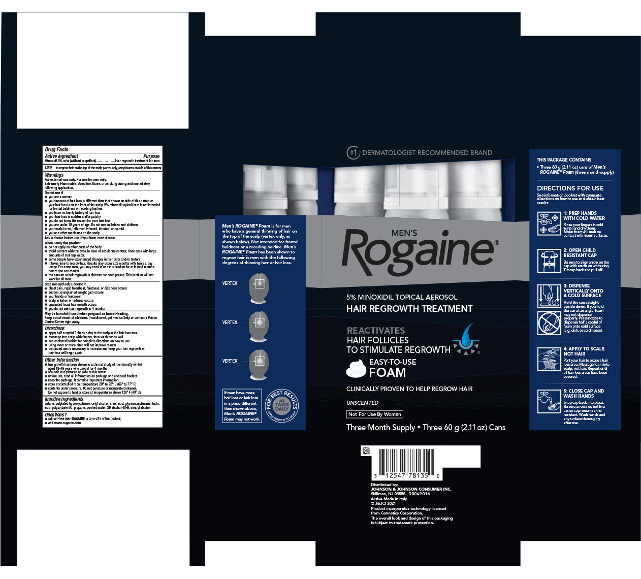 Men's Rogaine Hair Regrowth Treatment, Foam, 5% Minoxidil Topical Aerosol, 3 Month Supply, Unscented, 2.11  oz. Can, 3/bx, 6 bx/cs (Continental US+HI Only) (Pricing Subject to Change without Prior Notification)