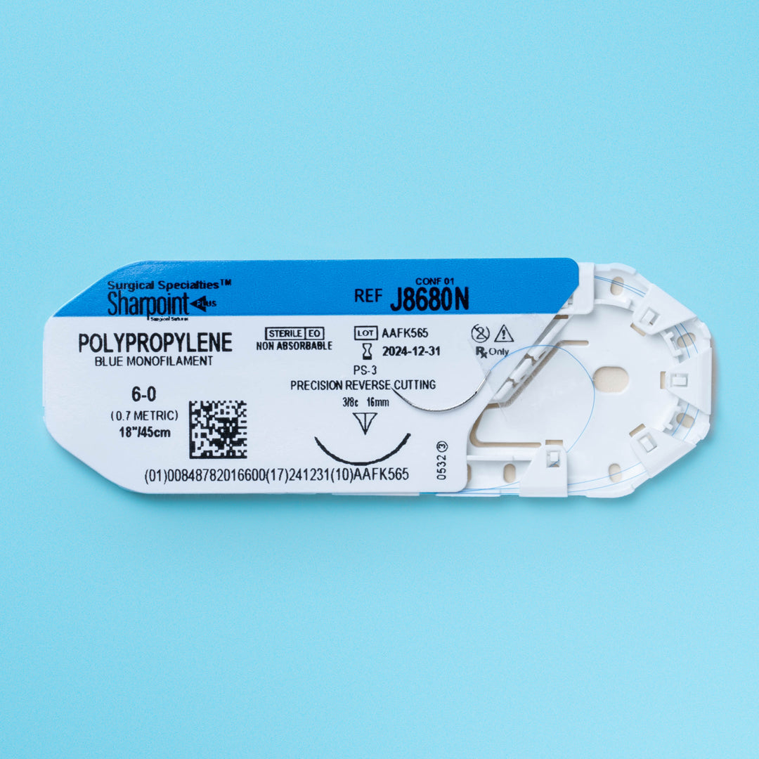 Polypropylene Suture, Monofilament, Reverse Cutting, Size 6-0, 18"/45cm, 16mm, 3/8 Circle, 12/bx