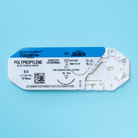 Polypropylene Suture, Monofilament, Reverse Cutting, Size 6-0, 18"/45cm, 16mm, 3/8 Circle, 12/bx