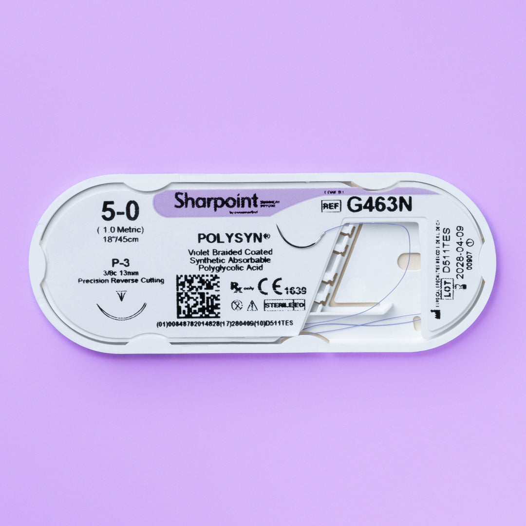 Polyglycolic Acid Suture, Violet Braided, Reverse Cutting, Size 5-0, 18"/45cm, 13mm, 3/8 Circle, 12/bx