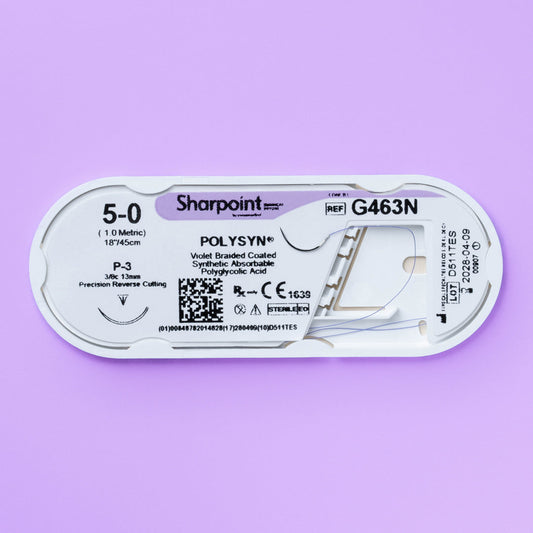 Polyglycolic Acid Suture, Violet Braided, Reverse Cutting, Size 5-0, 18"/45cm, 13mm, 3/8 Circle, 12/bx
