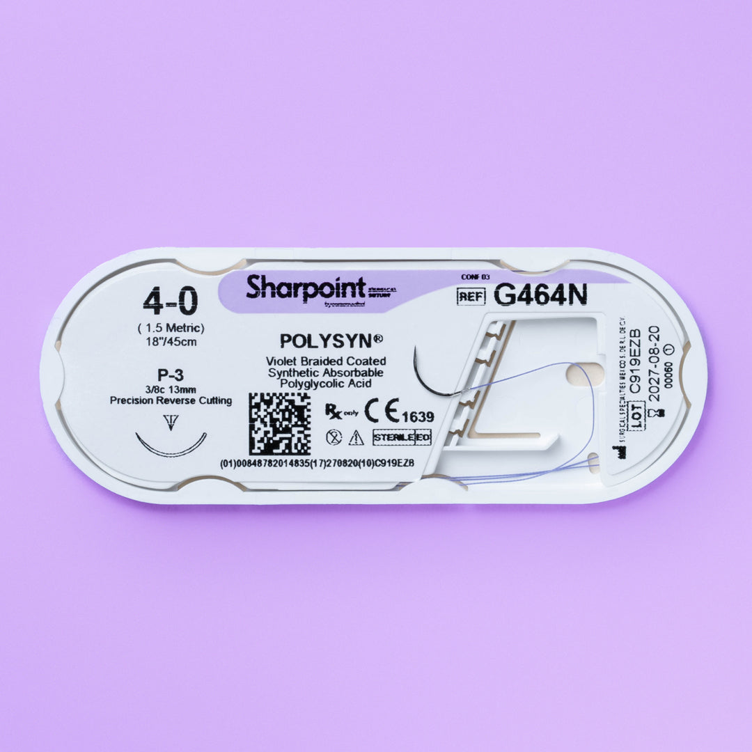 Polyglycolic Acid Suture, Violet Braided, Reverse Cutting, Size 4-0, 13"/45cm, 18mm, 3/8 Circle, 12/bx