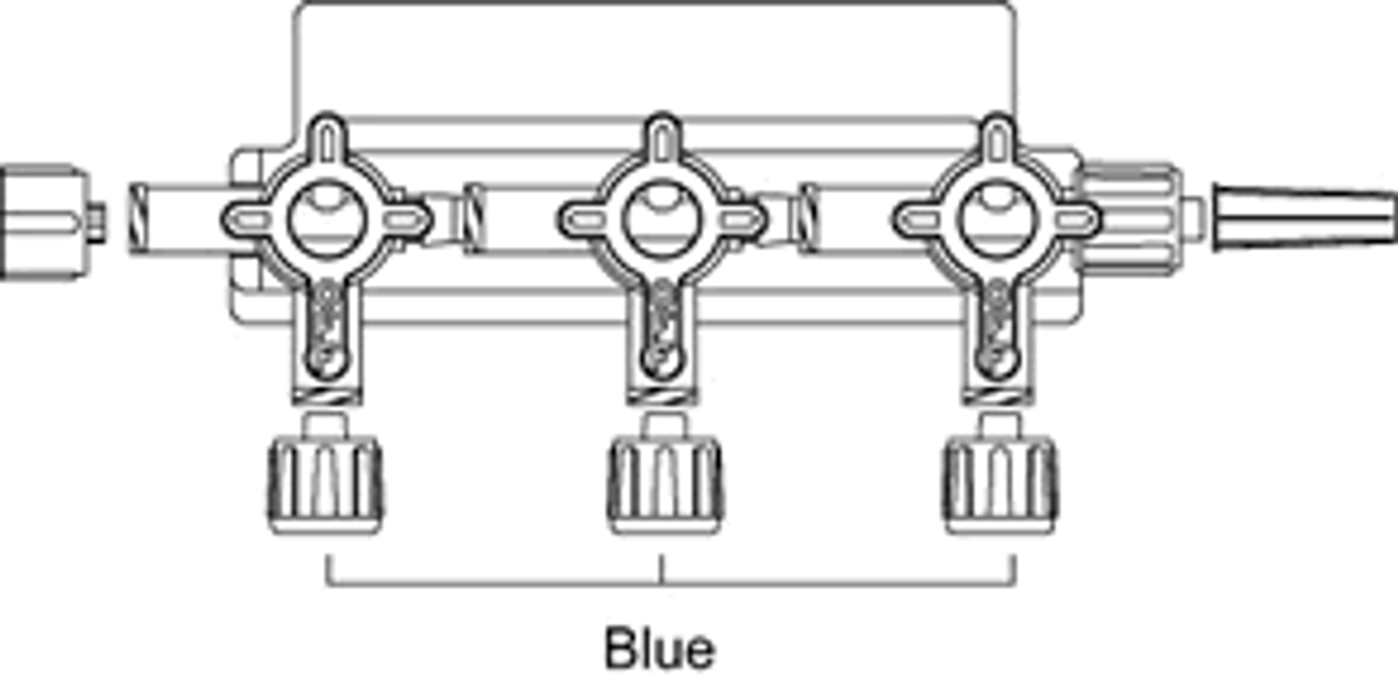 HI-FLO Stopcock, 4-Way, 3-Gang, Swivel Male Luer Lock, Non-Vented Blue Caps on Middle Ports, Yellow Handles, Non-DEHP, Non-PVC, Lipid Resistant, Latex-Free, 20/cs (US Only)