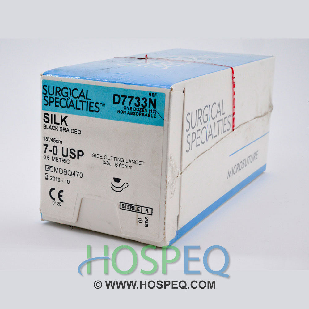 Silk Suture, Black Braided, Side Cutting Lancet, Size 7-0, 18"/45cm, 6.6mm, 3/8 Circle, 12/bx