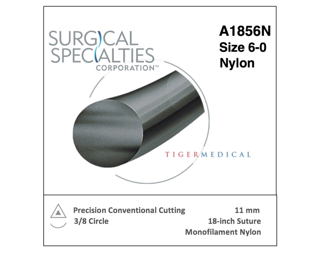 Nylon Suture, Monofilament, Conventional, Size 6-0, 18"/45cm, 11mm, 3/8 Circle, 12/bx