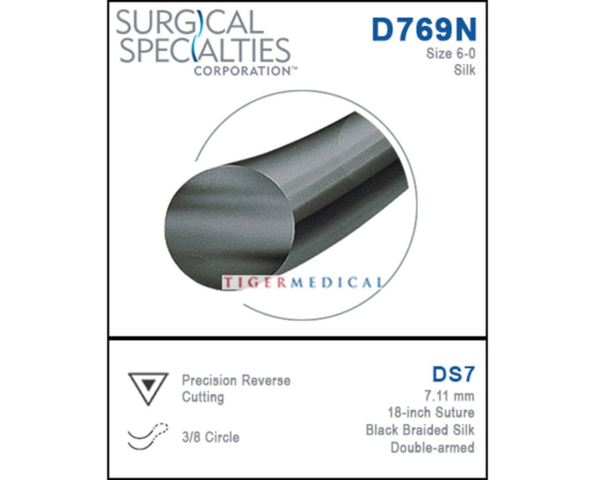 Silk Suture, Black Braided, Reverse Cutting, Size 6-0, 18"/45cm, 7mm, 3/8 Circle, 12/bx