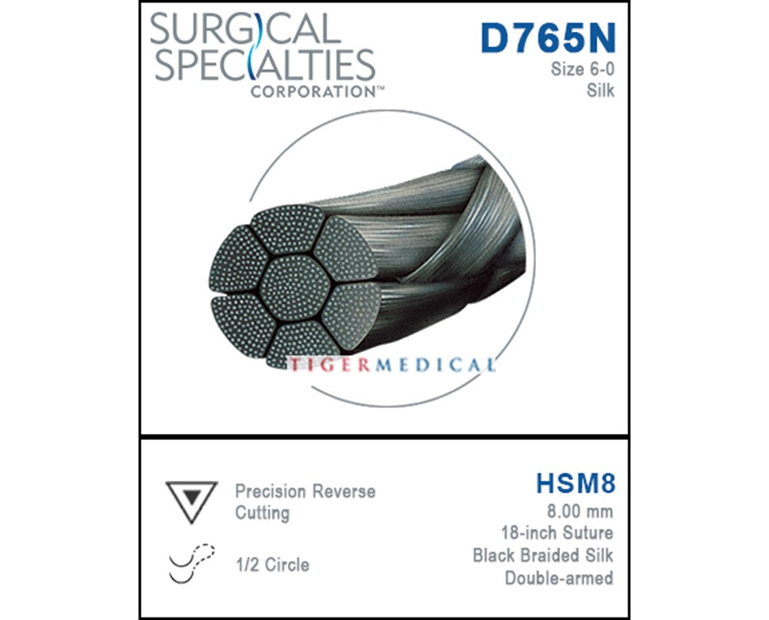Silk Suture, Black Braided, Reverse Cutting, Size 6-0, 18"/45cm, 8mm, 1/2 Circle, 12/bx
