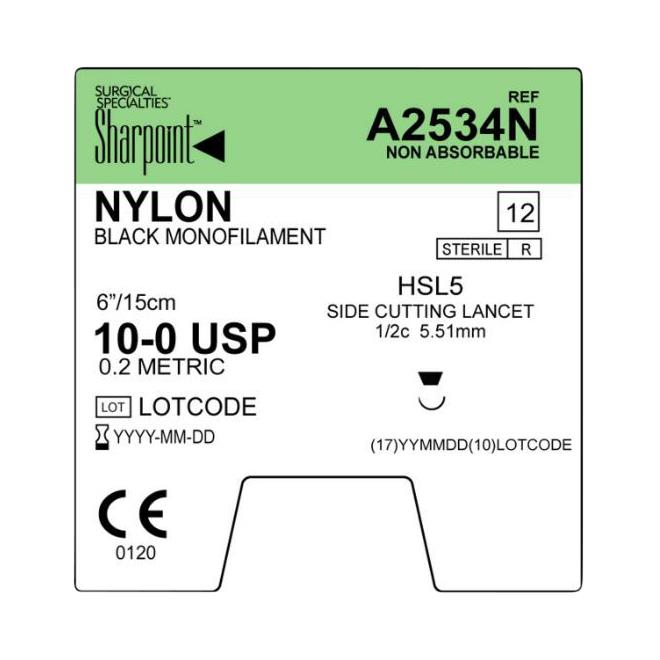 Nylon Suture, Monofilament, Lancet, Size 10-0, 6"/15cm, 5.51mm, 1/2 Circle, 12/bx (To Be DISCONTINUED)