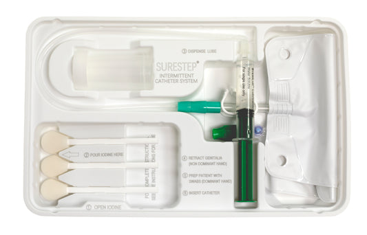 Surestep Intermittent Catheter Tray, Preconnected Drainage Bag, 16FR, Coude Tip, Silicone, 20/cs (US Only)