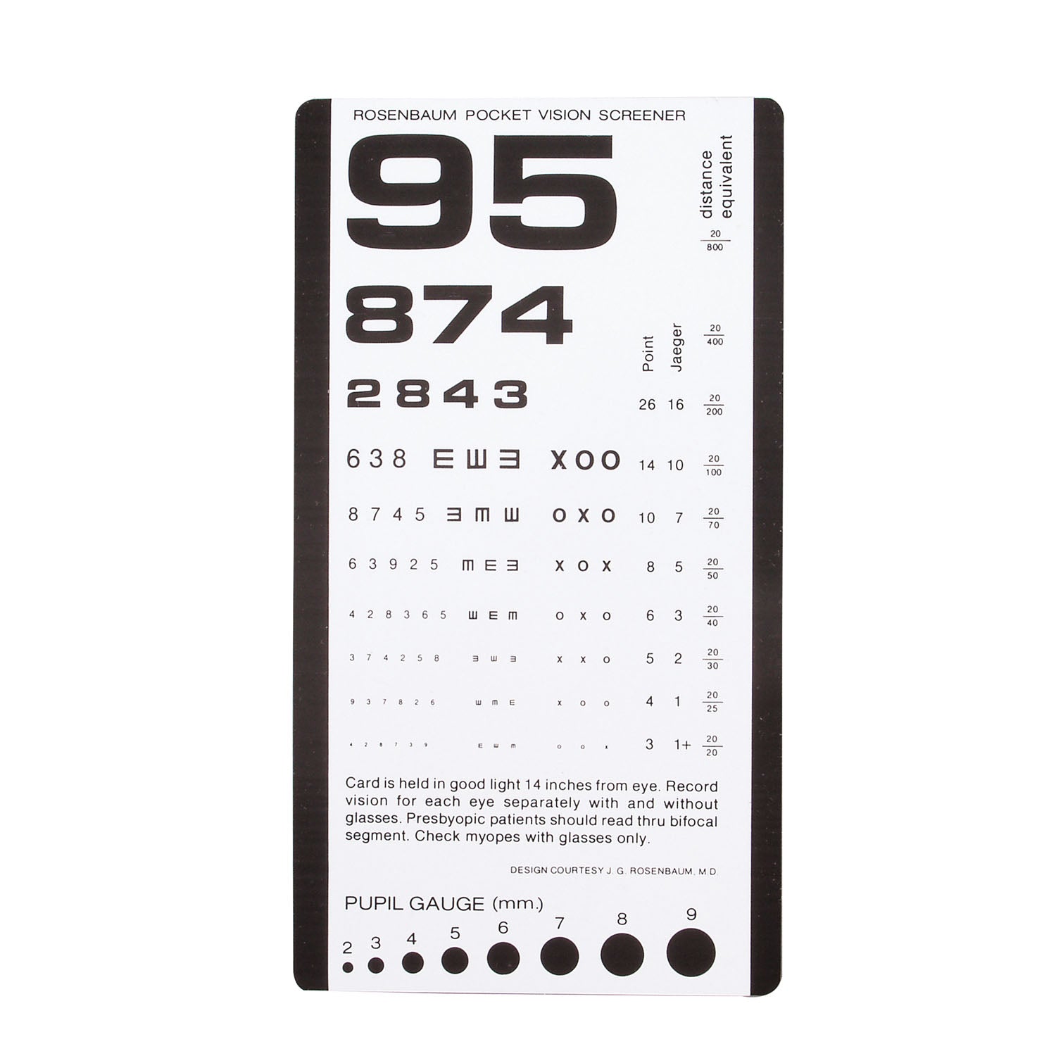 Pocket Eye Chart, Use at 14", Provides 20/800 Distance, Laminated Plastic, 6_" x 3_" 