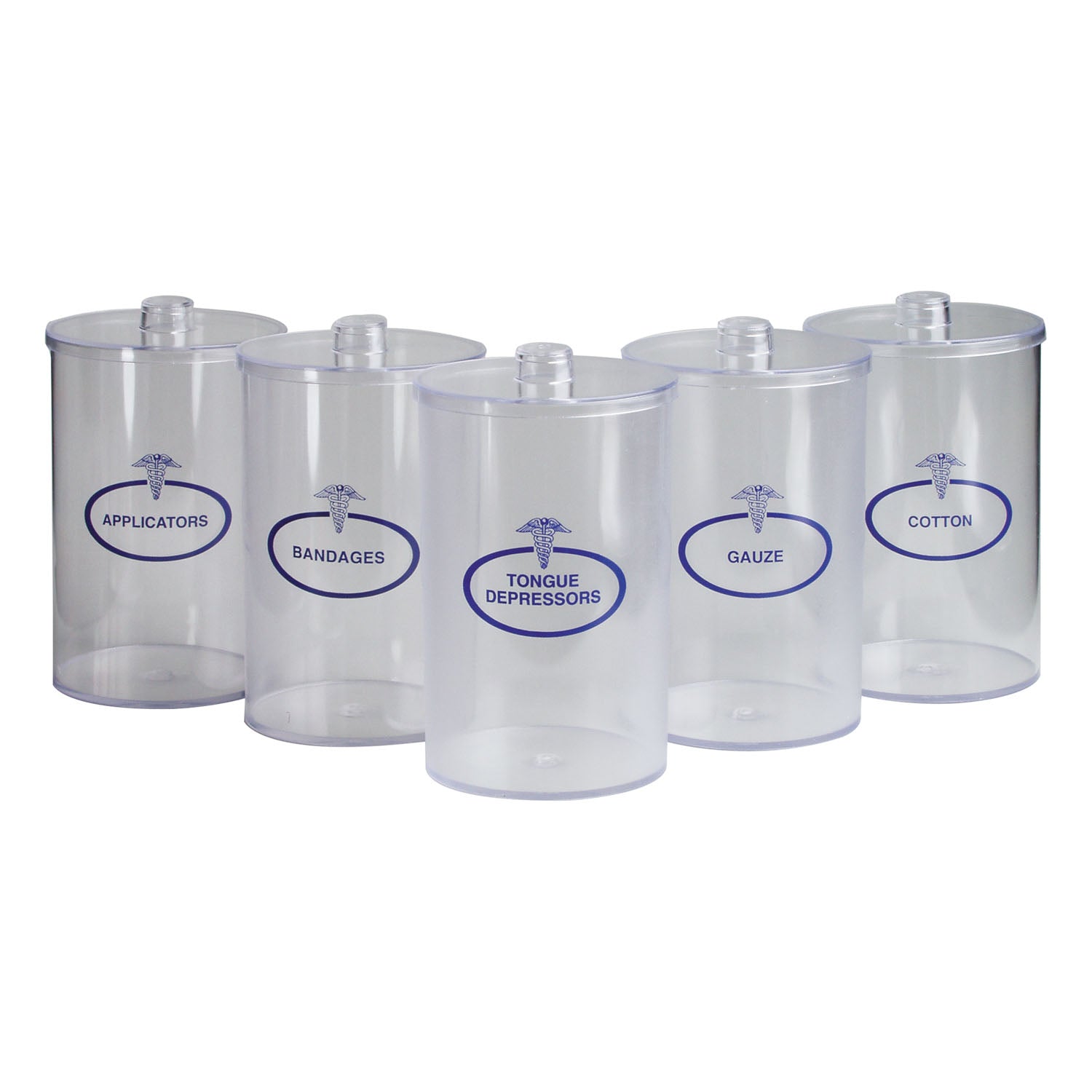 Clear Plastic Sundry Jars, Blue Imprint, Plastic Lids, 6_"H x 4_"Dia, 5/cs