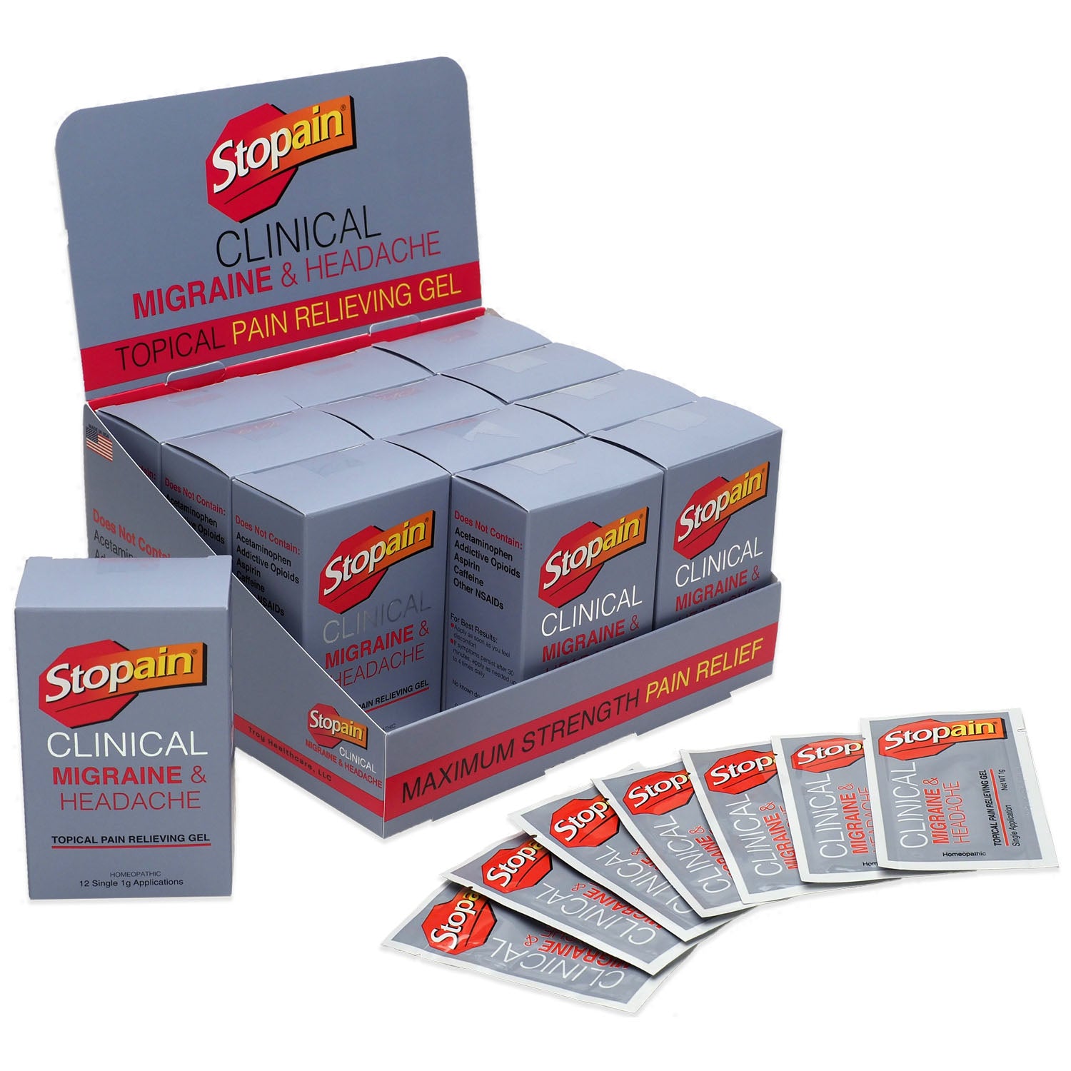 Stopain Clinical Migraine & Headache Topical Pain Relieving Gel Counter Display, contains 12 Shelf Boxes of 12 -1g Packets (US SALES ONLY) (For resale to Healthcare Professionals only. Prices should only be viewable when a healthcare professional is logged in to an account on a dealers website.Products cannot be sold to retail stores or online retailers such as Amazon, Walmart,eBay, Alibaba, etc.)