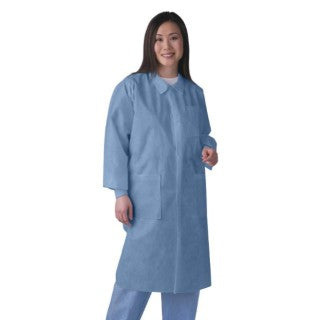 Lab Coat, SMS, Disposable, Knit Collar, Knee Length, Snap Closure, Pockets, Blue, Large, 10/pk, 5 pk/cs (Continental US Only)
