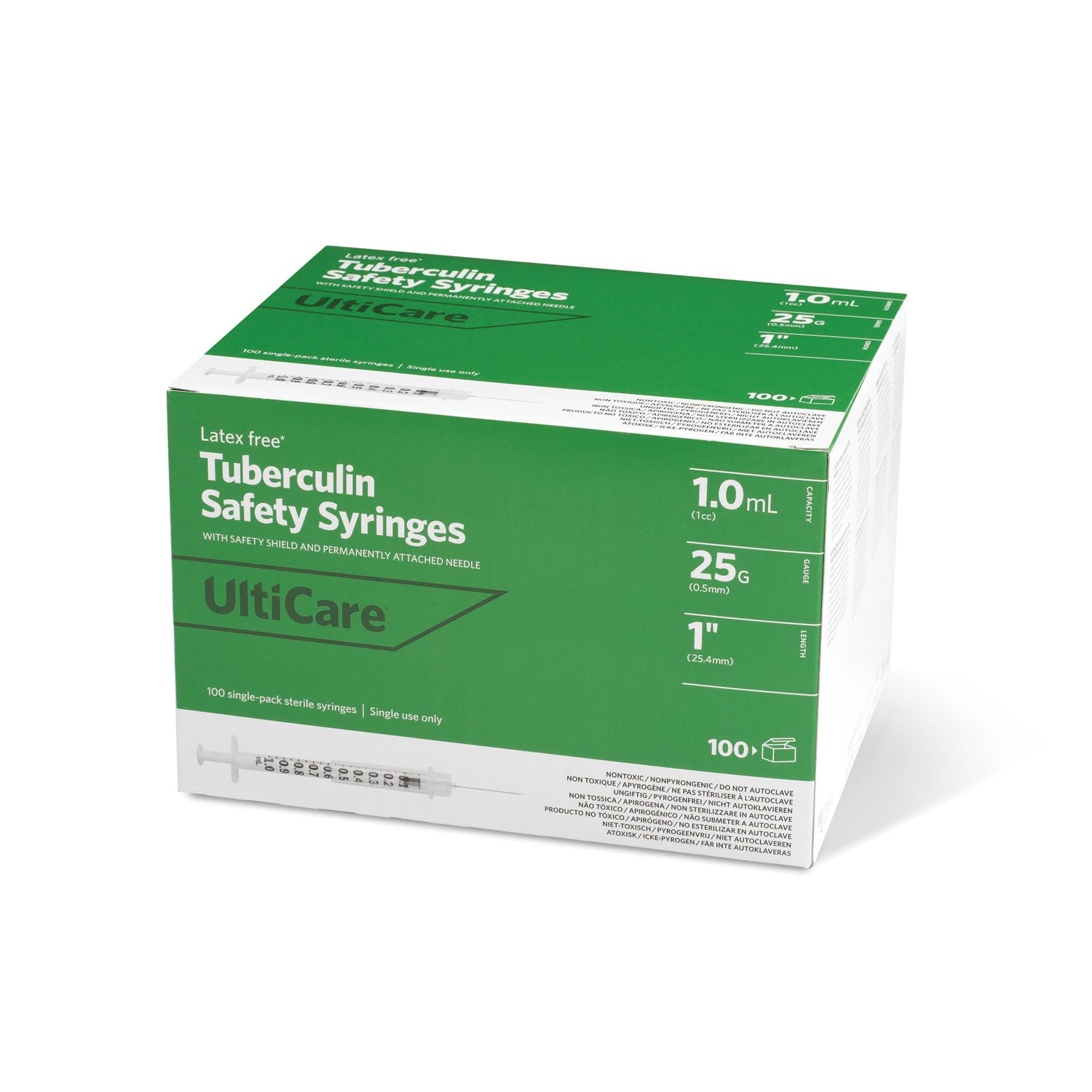 Safety Syringe, Fixed Needle, Tuberculin, 1mL, 25G x 1", 100/bx