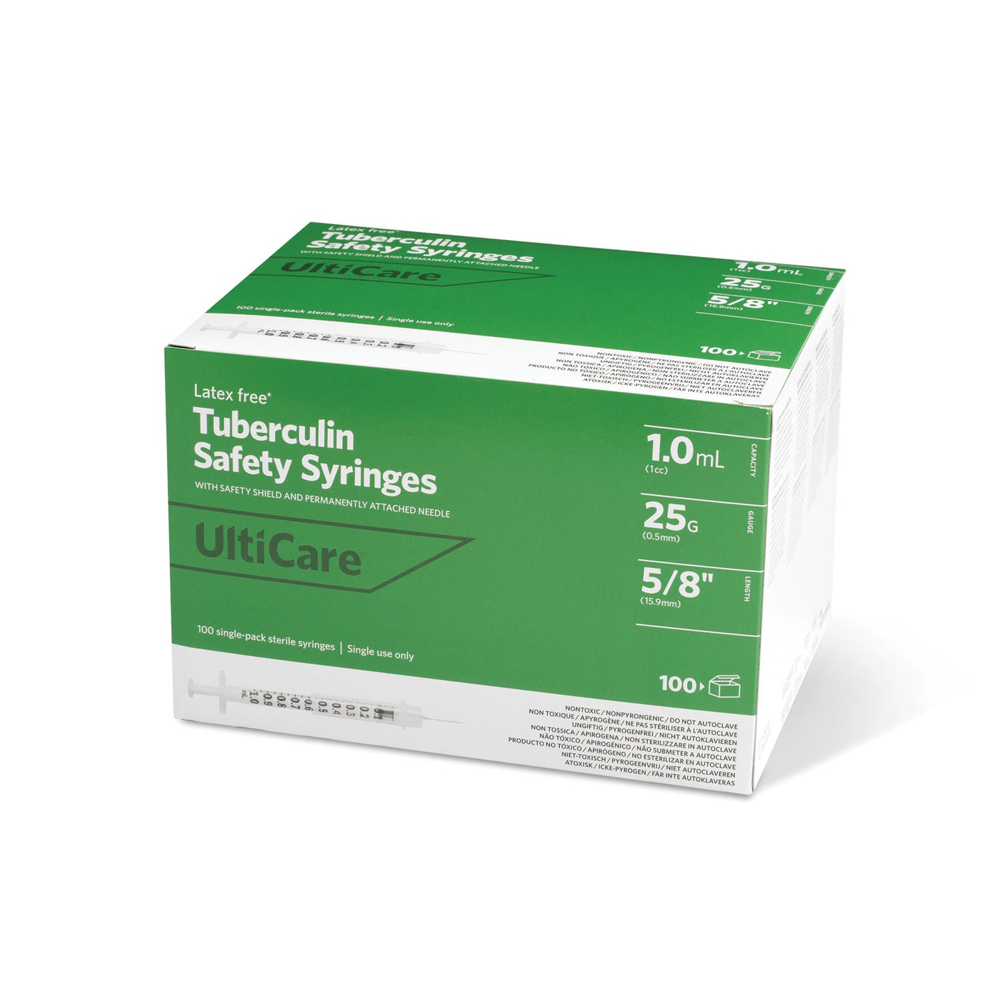 Safety Syringe, Fixed Needle, Tuberculin, 1mL, 25G x 5/8", 100/bx