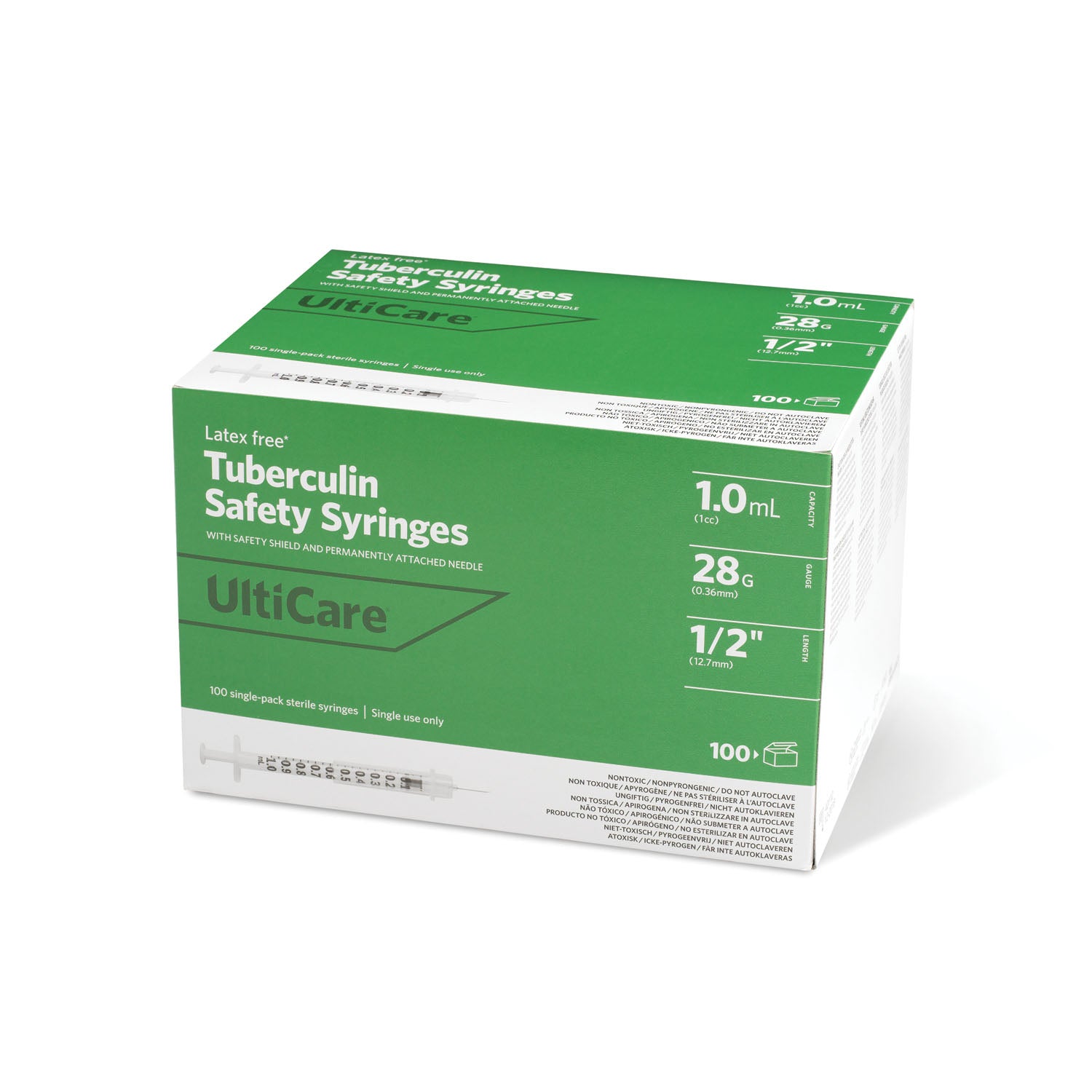 Safety Syringe, Fixed Needle, Tuberculin, 1mL, 28G x _", 100/bx