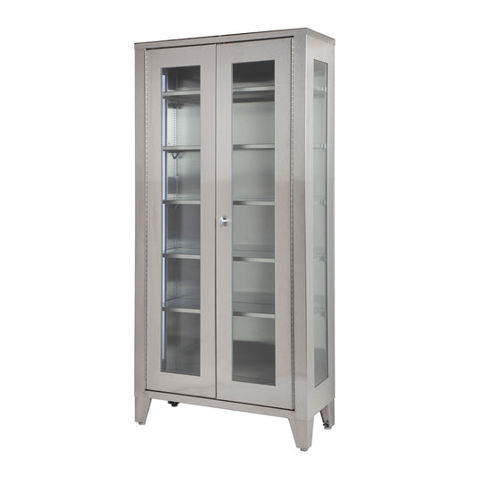 Cabinet Display, Stainless Steel, Five (5) Adjustable Stainless Steel Shelves, Two (2) Glass Hinged Doors, 36"W x 77"H x 16"D (DROP SHIP ONLY)