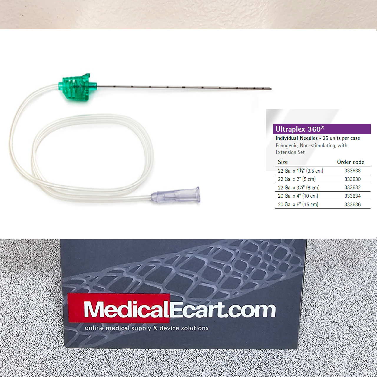 Non-Insulated Echogenic Needle, 22G x 2" (50mm), 30 Bevel & Extension Set, 25/cs (Rx) (Continental US+HI Only)