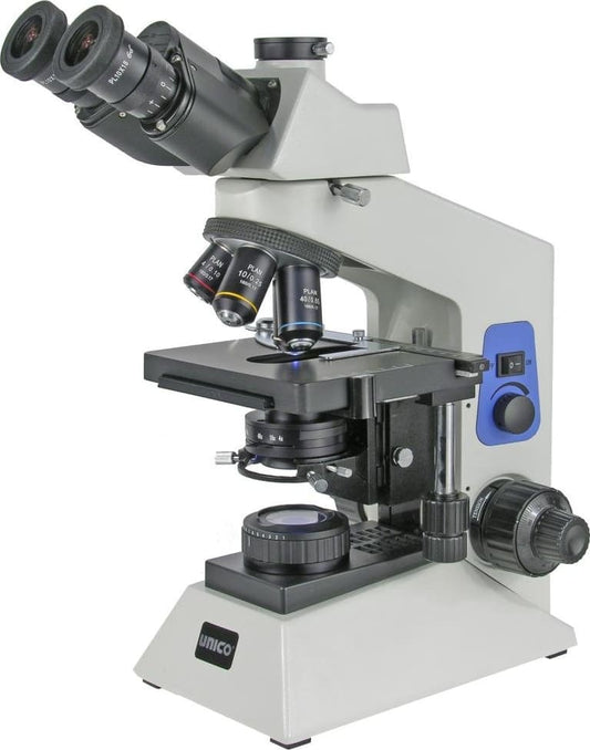 Microscope, Trinocular, 10X Widefield Eyepiece, 4X, 10X, 40X, 100X, Achromat, NA 1.25 Condenser, Iris Diaphragm, Mechanical Stage, LED Illumination, 3 Watt LED Bulb, Coaxial Focusing, Power Input 90-240V (US Only) (DROP SHIP ONLY)