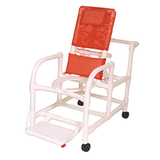 Echo Reclining Shower Chair, Deluxe Elongated Open Front Commode Seat & Folding Footrest, 3" Twin Nylon Casters, 250 lb Capacity