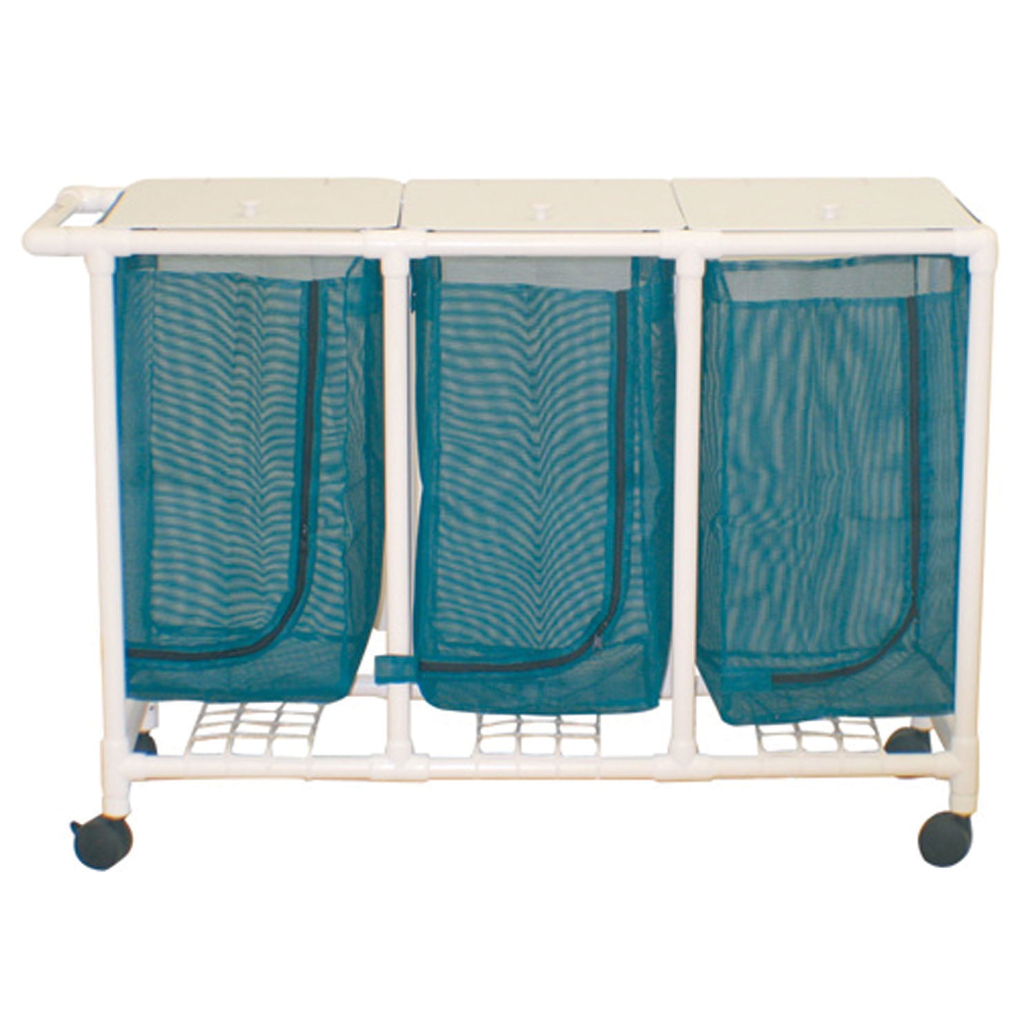 Space Saving Triple Hamper, Mesh Bags (33 Gal Capacity, Plastic Bag) 3" Twin Nylon Casters, Zipper Opening