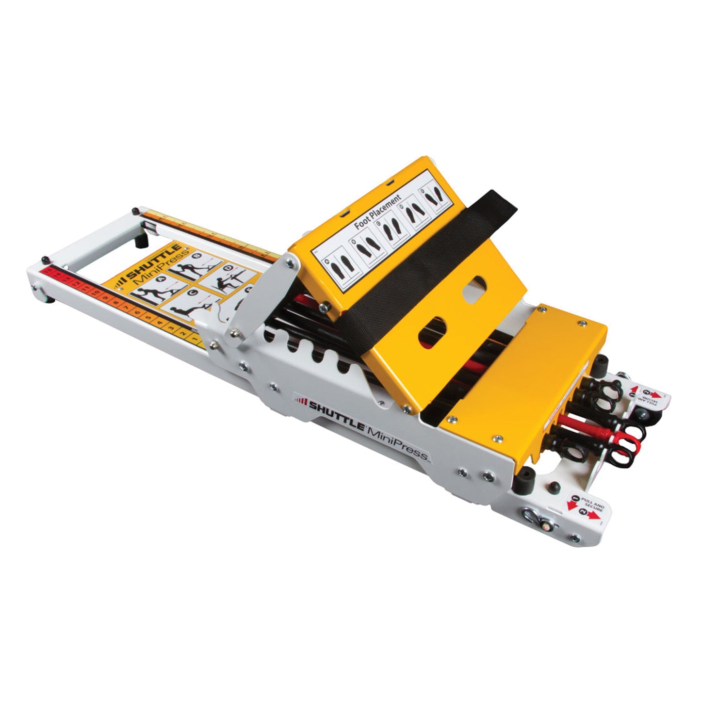 MiniPress Device with Adjustable Footplace with Horizontal to 75 Angle, Polyurethane Roller Wheels, Distance Indicator Strips, Self-Retracting Securing Cords & 5 Elasticords