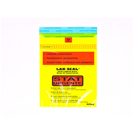 3-Wall Specimen Bag, Seal n Rip, Removable Biohazard Symbol, Yellow Tint Printed "STAT" 1.8 mil, 6" x 10", 100 bg/pk, 10 pk/cs