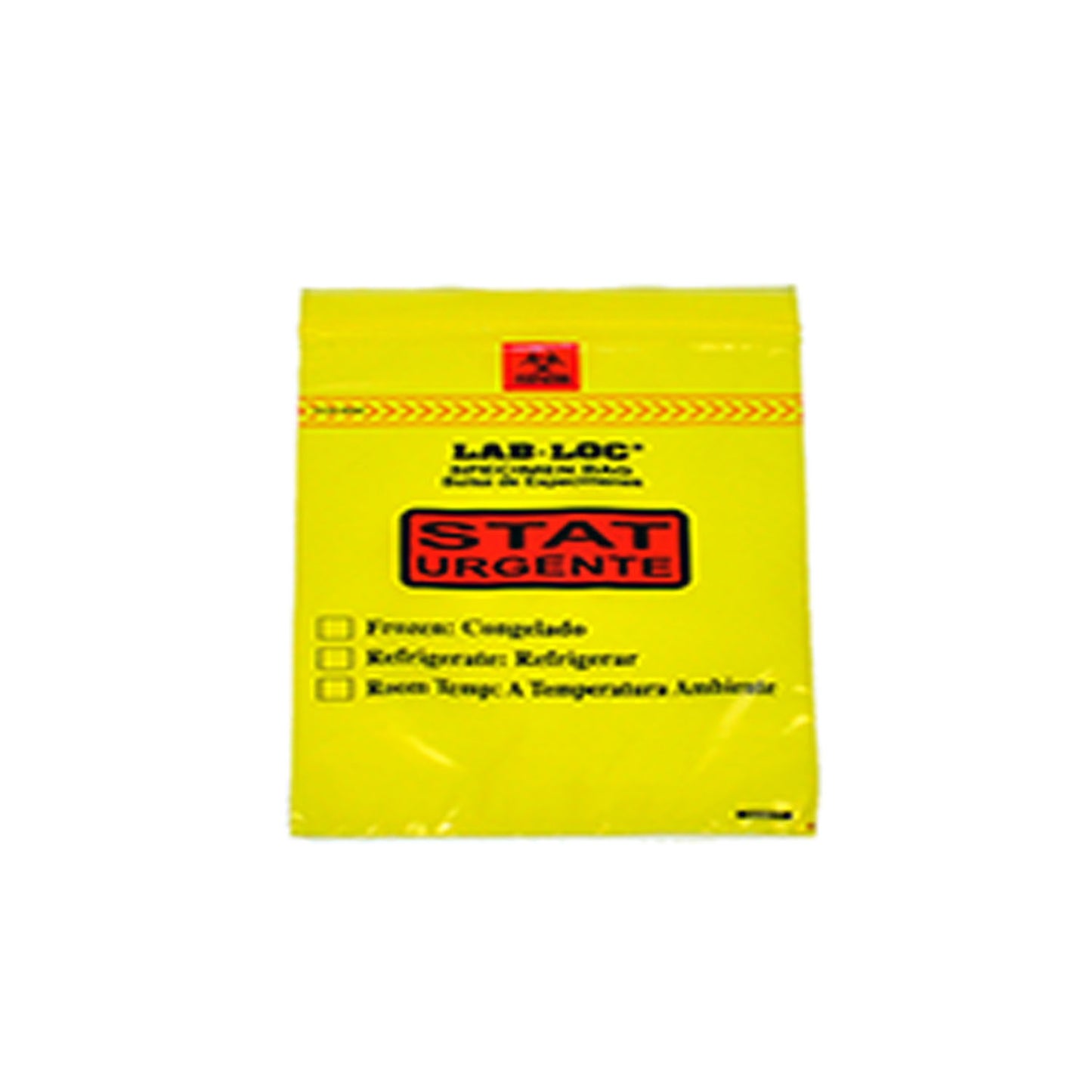 Specimen Bag, Seal-N-Rip, Removable Biohazard Symbol, Zipper Closure, 3-Wall, Yellow Tint Printed "STAT" in English and Spanish, 1.75 mil, 6" x 9", 100 bg/pk, 10 pk/cs