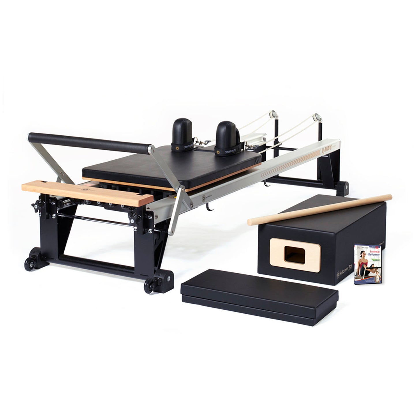 V2 Max Reformer Bundle Includes 1 ea: V2 Max Reformer, Padded Platform Extender, Reformer Box, Maple Roll-Up Pole