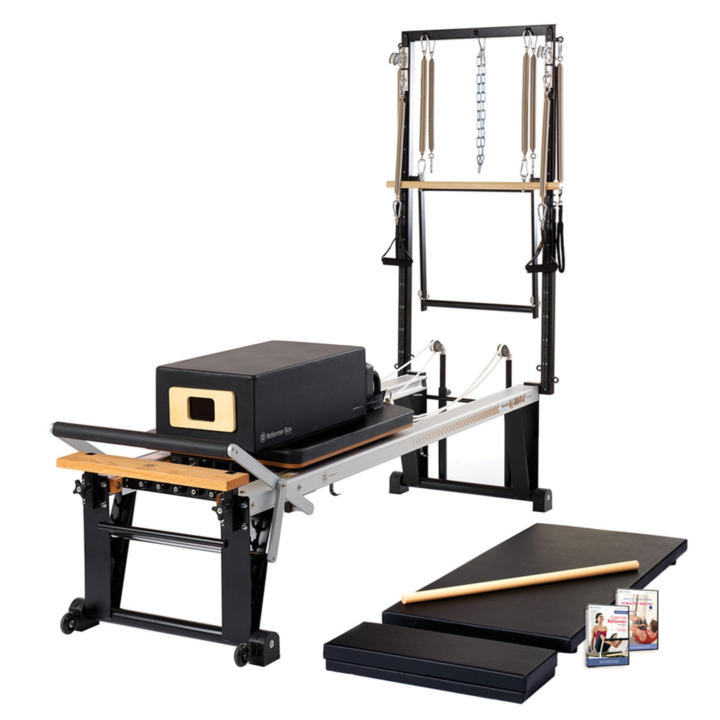 V2 Max Plus Rehab Reformer Bundle Includes 1 ea: V2 Max Plus Rehab Reformer, Mat Converter, Padded Platform  Extender, Reformer Box, Maple Roll-Up Pole