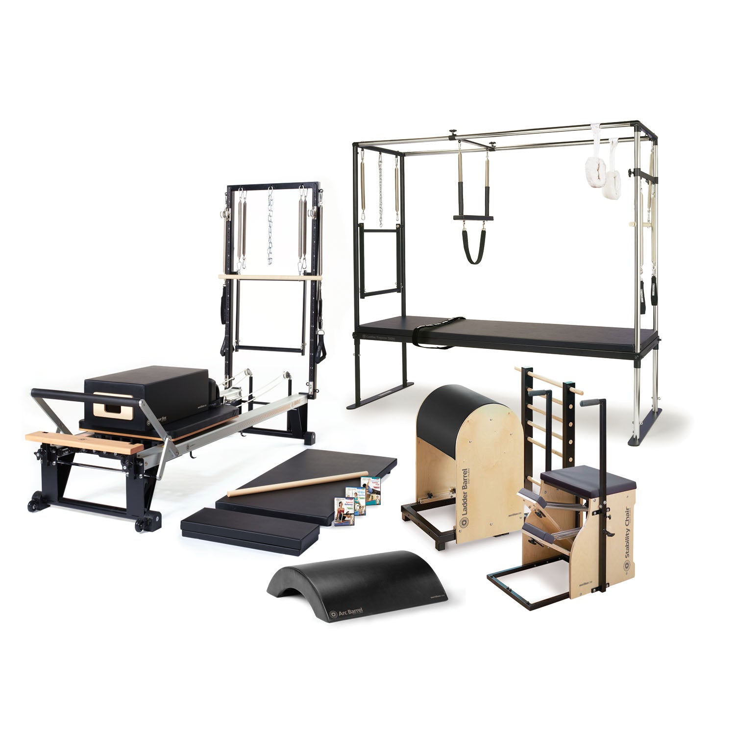 Enhanced One-On-One Studio Bundle Includes 1 ea: Cadillac, V2 Max Plus Reformer, Mat Converter, Padded Platform Extender,  Reformer Box, Maple Roll-Up Pole, Split-Pedal Stability Chair with Handles, Arc Barrel,  Ladder Barrel