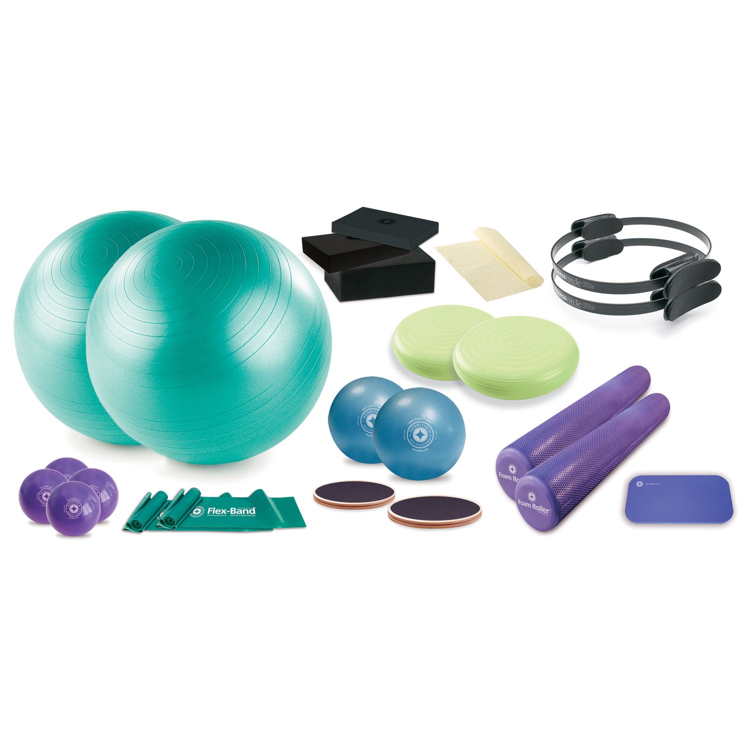 Rehab Accessory Bundle Includes 4 each: 1lb Toning Ball; 2 each: Fitness Circle Lite; Foam Roller Deluxe; 65 cm Stability Ball; Non-Latex Flex-Band; Mini Stability Ball; Rotational Disks; Stability Cushion; 1 each: Foam Cushions A, B & C; Gripper Mat; Eco-Friendly Pilates Pad
