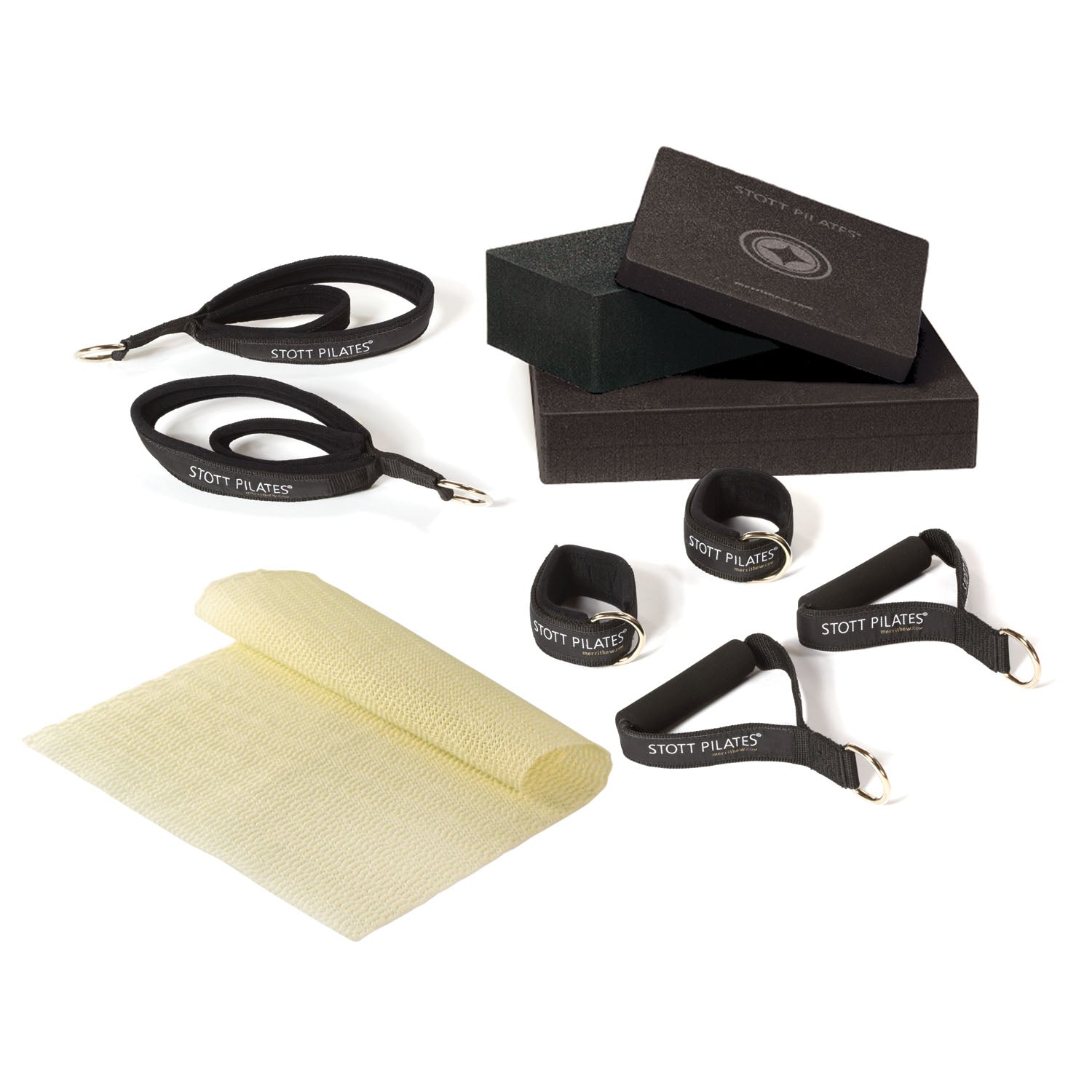Reformer Accessory Kit Includes 1 ea: Foam Cushions A, B & C; Gripper Mat; Foam Grip Handles ; Soft Reformer Double Loop Straps ; Ankle Straps