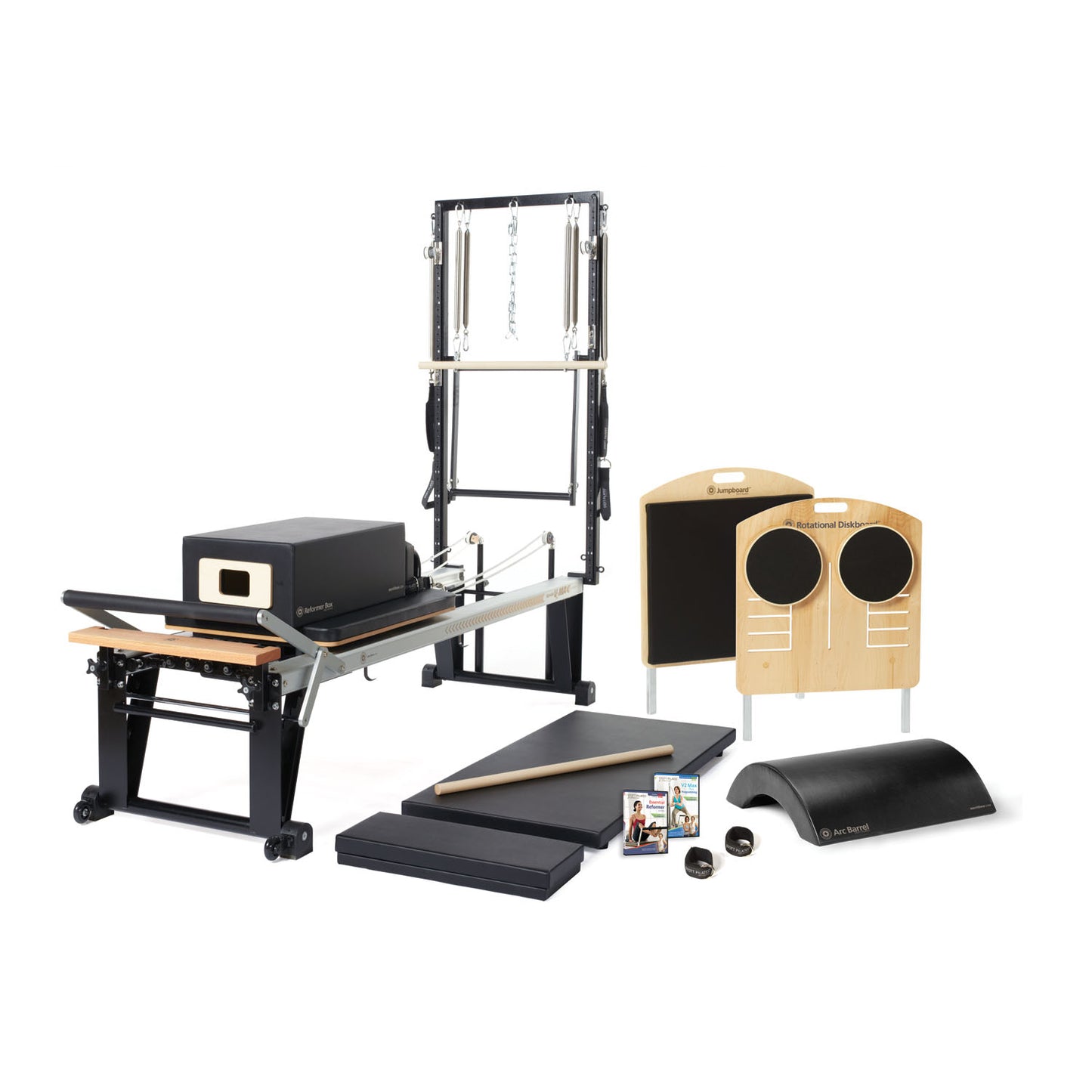 Pilates Rehab Studio 1  Matwork & Reformer Includes 1 ea: V2 Max Plus Rehab Reformer, Mat Converter, Padded Platform Extender, Reformer Box, Maple Roll-Up Pole, Jumpboard, Rotational Diskboard, Ankle Straps, Arc Barrel,