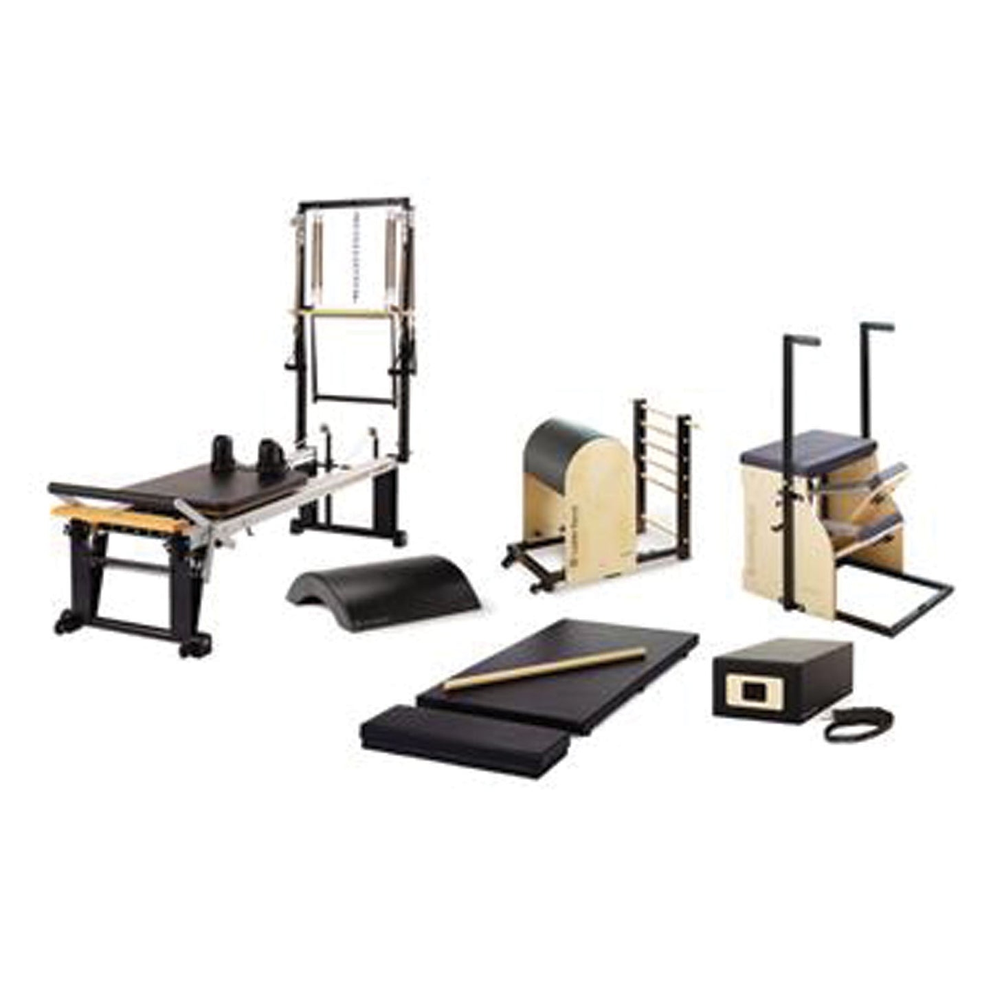 Rehab One-On-One Studio Bundle Includes 1 ea: Rehab V2 Max Plus Reformer, Mat Converter, Padded Platform Extender, Reformer Box, Maple Roll-Up Pole, Split-Pedal Stability Chair, Ladder Barrel, Arc Barrel (Price subject to change without notice)