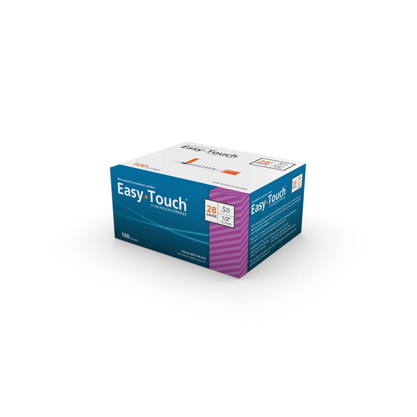 Insulin Syringes, 28 Gauge, .5 cc, 1/2" Needle, 100/bx