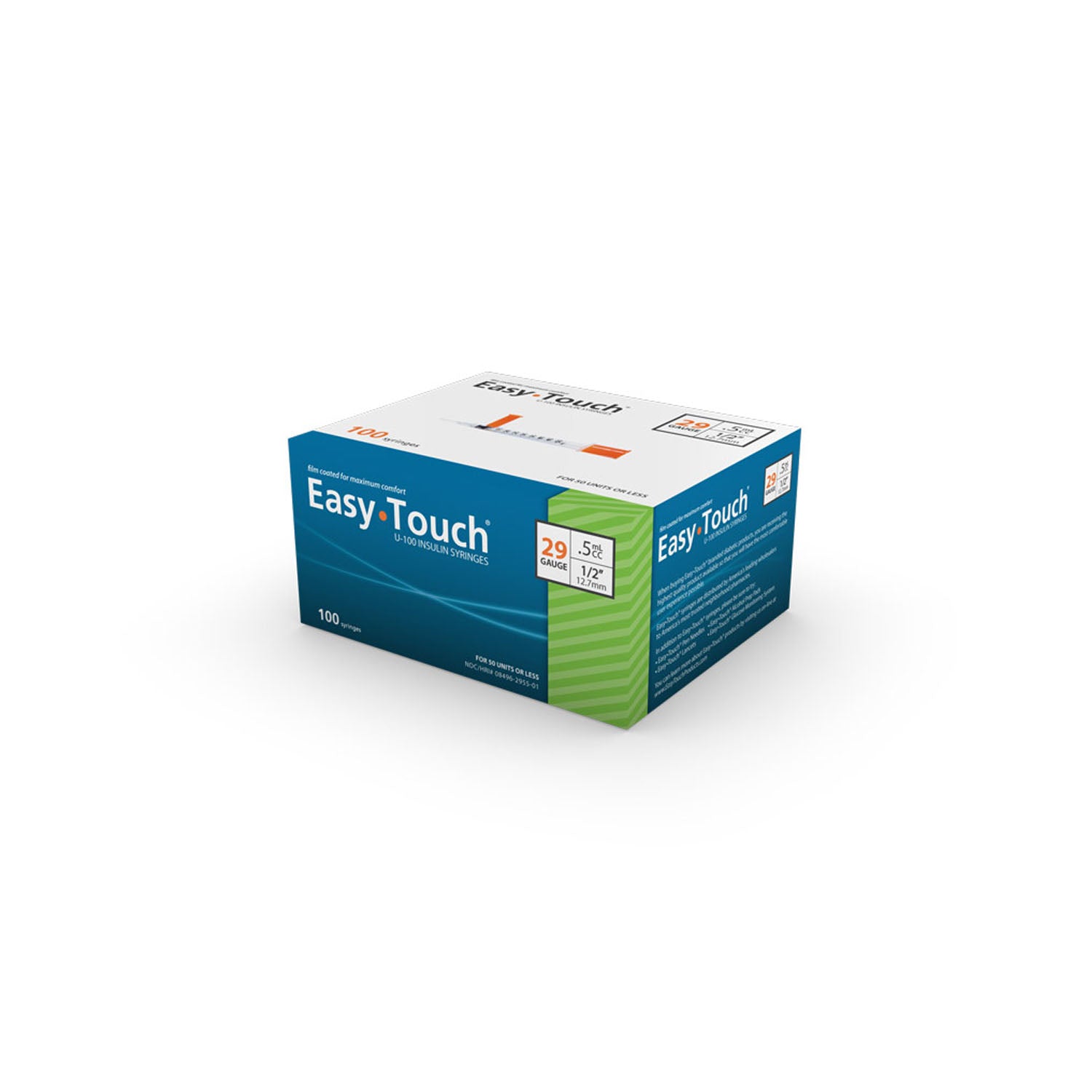 Insulin Syringes, 29 Gauge, .5cc, 1/2' Needle, 100/bx