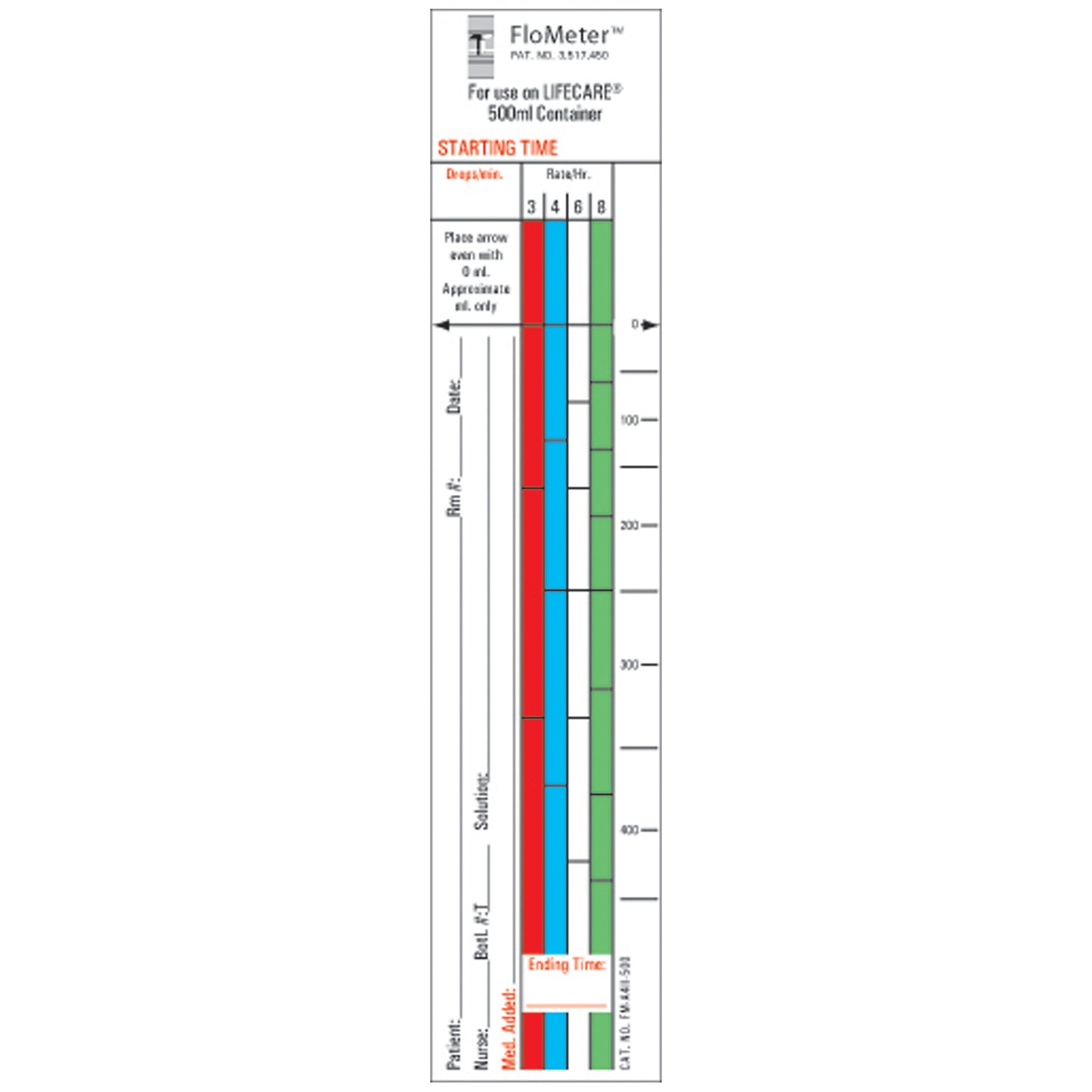 Flo-Meter Labels For IV Containers, Lifecare (Abbott) 4-Color Style, 1_" x 7", For 500mL Container, 1,000/bx