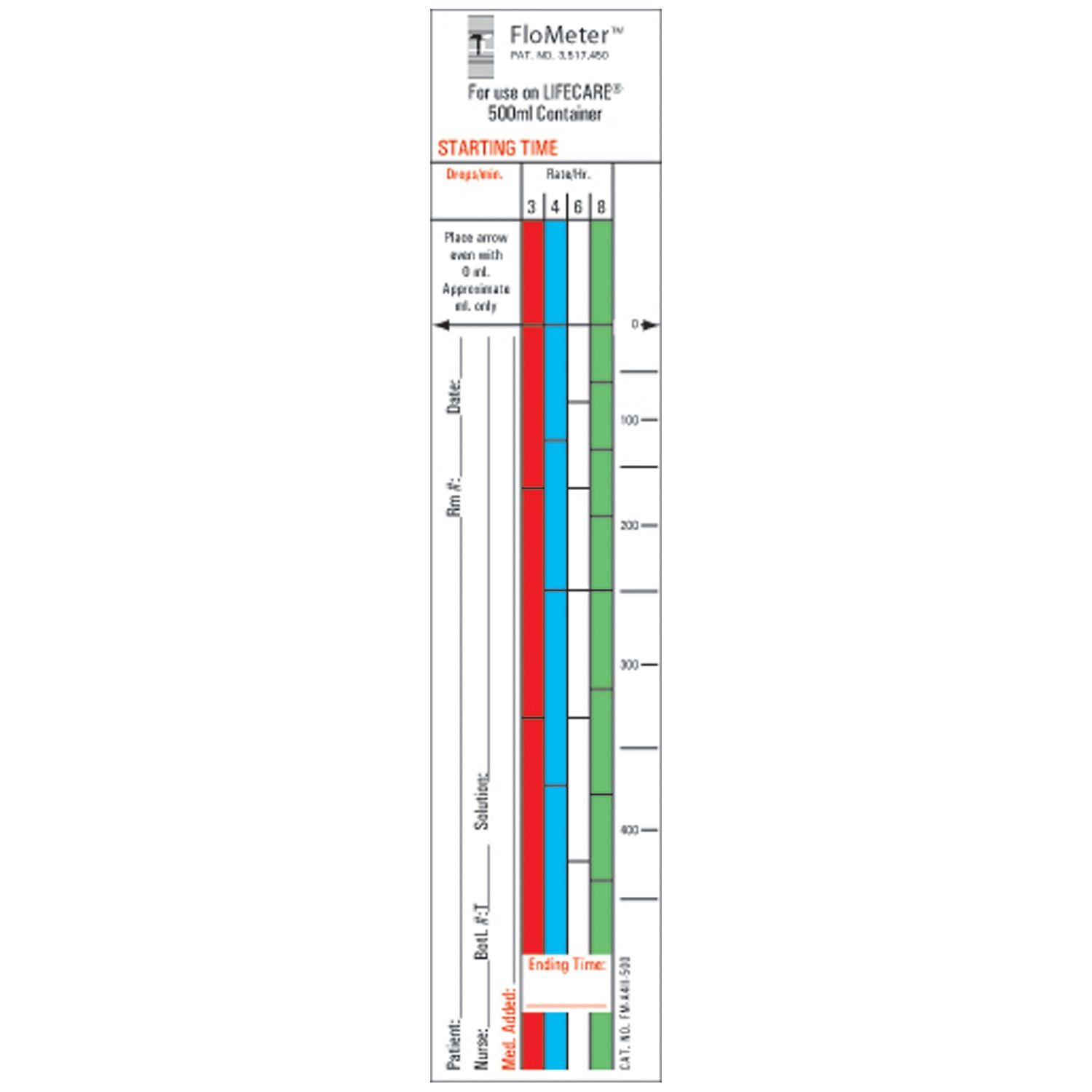 Flo-Meter Labels For IV Containers, Lifecare (Abbott) 4-Color Style, 1_" x 7", For 500mL Container, 1,000/bx